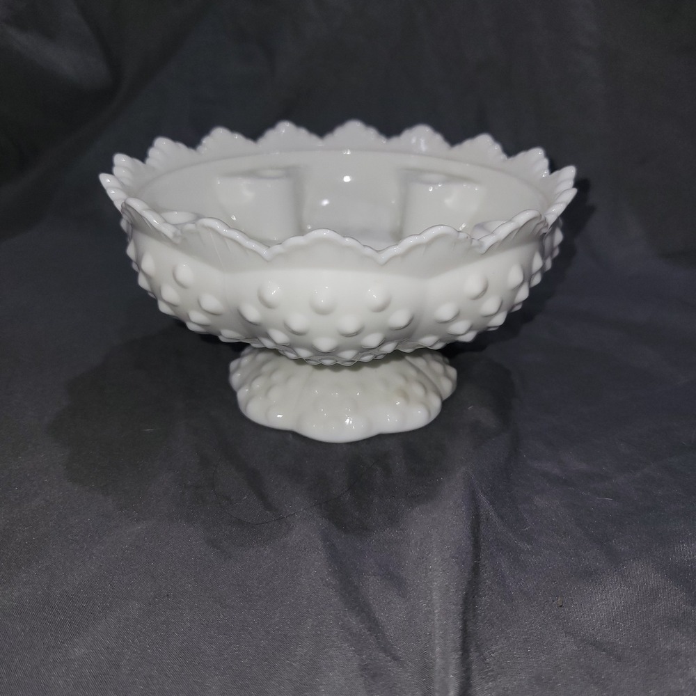 VTG Fenton White Milk Glass Hobnail Centerpiece Pedestal Candle Holder Bowl